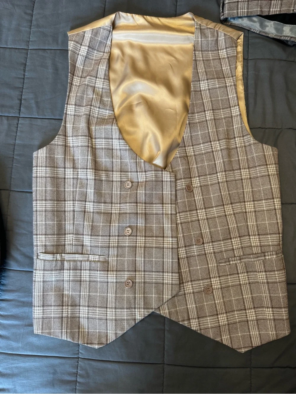 Men's Three-Piece Plaid Suit in Taupe Check